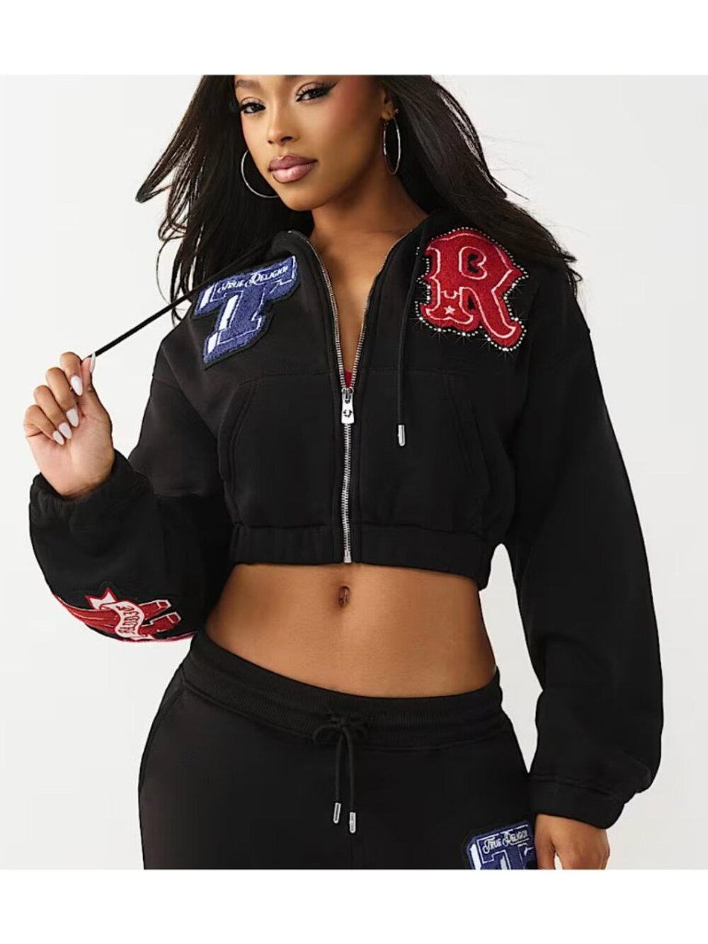 New True Religion M Crystal Patch Girlfirend Zip Hoodie Jet Black Women's Medium